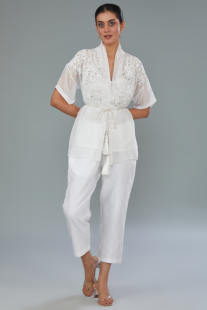 White Organza Silk Hand & Machine Embroidered Co-Ord Set by Kahani Lush at Pernia's Pop Up Shop