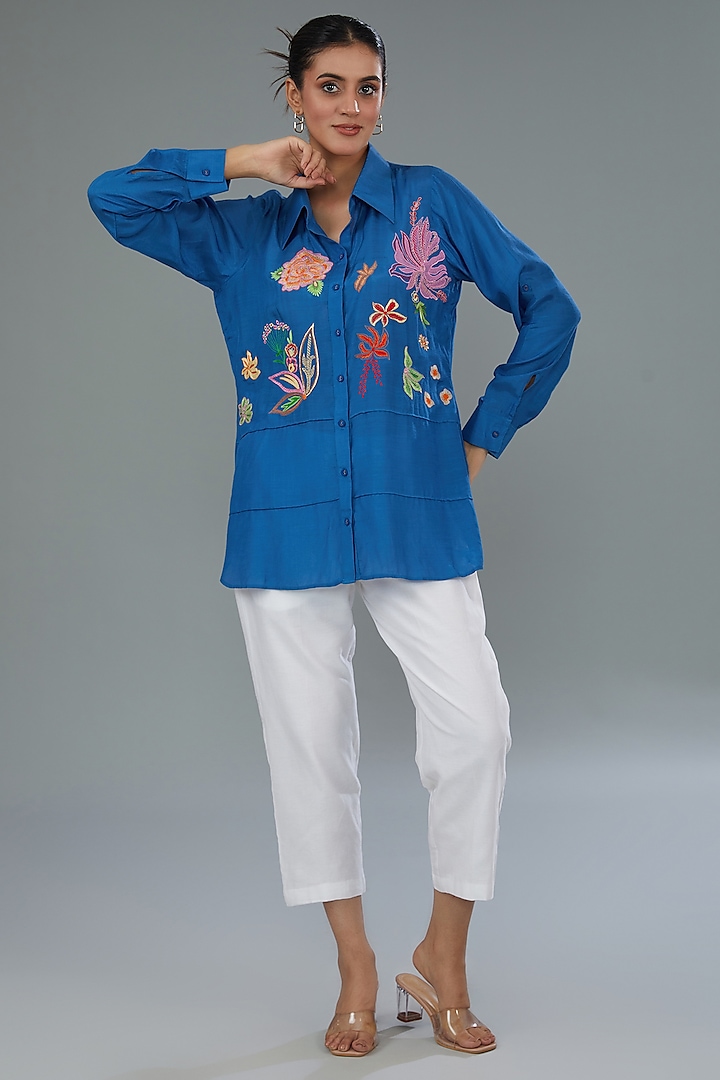 Blue Cotton Silk Thread Embroidered Shirt by Kahani Lush at Pernia's Pop Up Shop