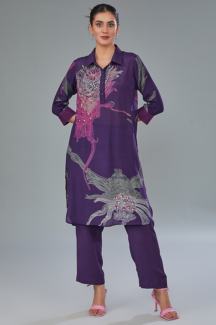 Purple Cotton Silk Hand Embroidered & Digital Printed Co-Ord Set by Kahani Lush at Pernia's Pop Up Shop