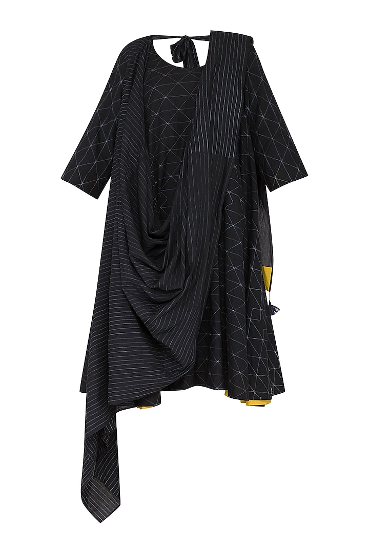 Black Stitch Dye Dress With Saree Drape by Ka-Sha