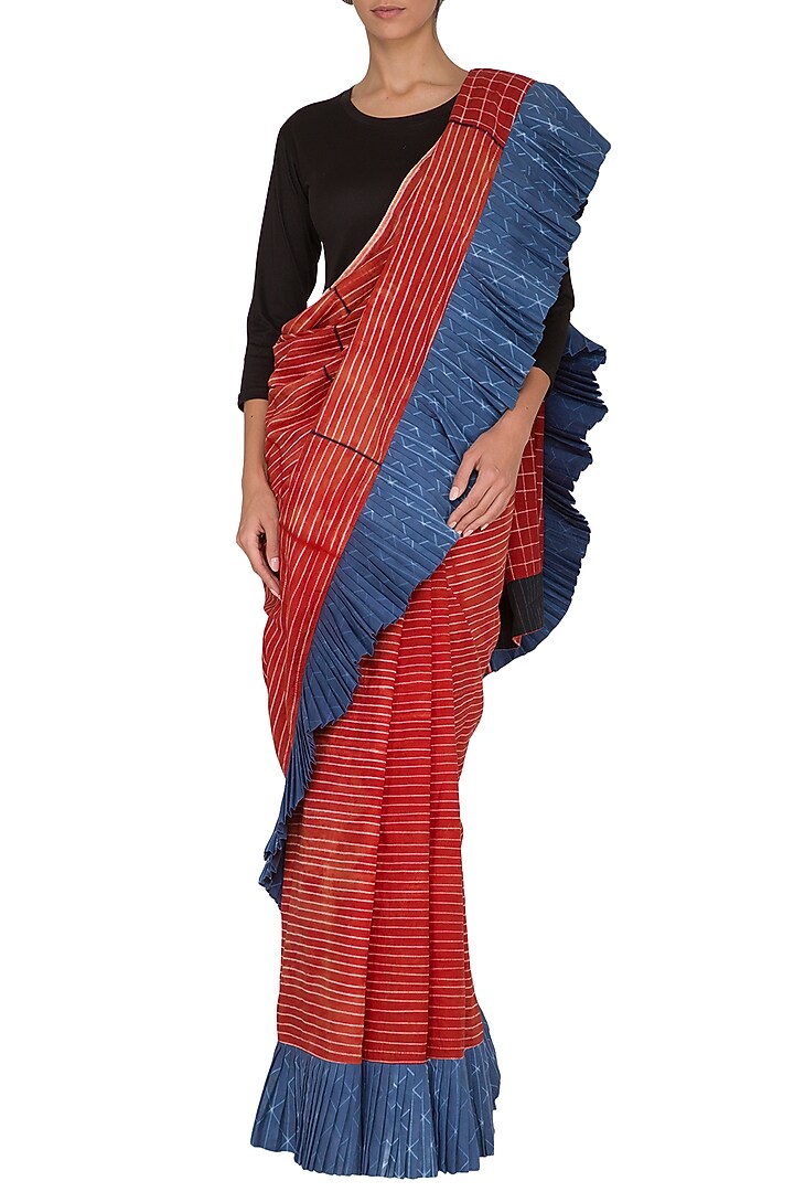 Red Stitch Dye Frill Party Wear Saree by Ka-Sha at Pernia's Pop Up Shop