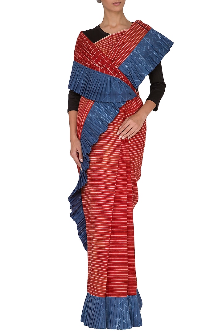 Red Stitch Dye Frill Party Wear Saree by Ka-Sha at Pernia's Pop Up Shop