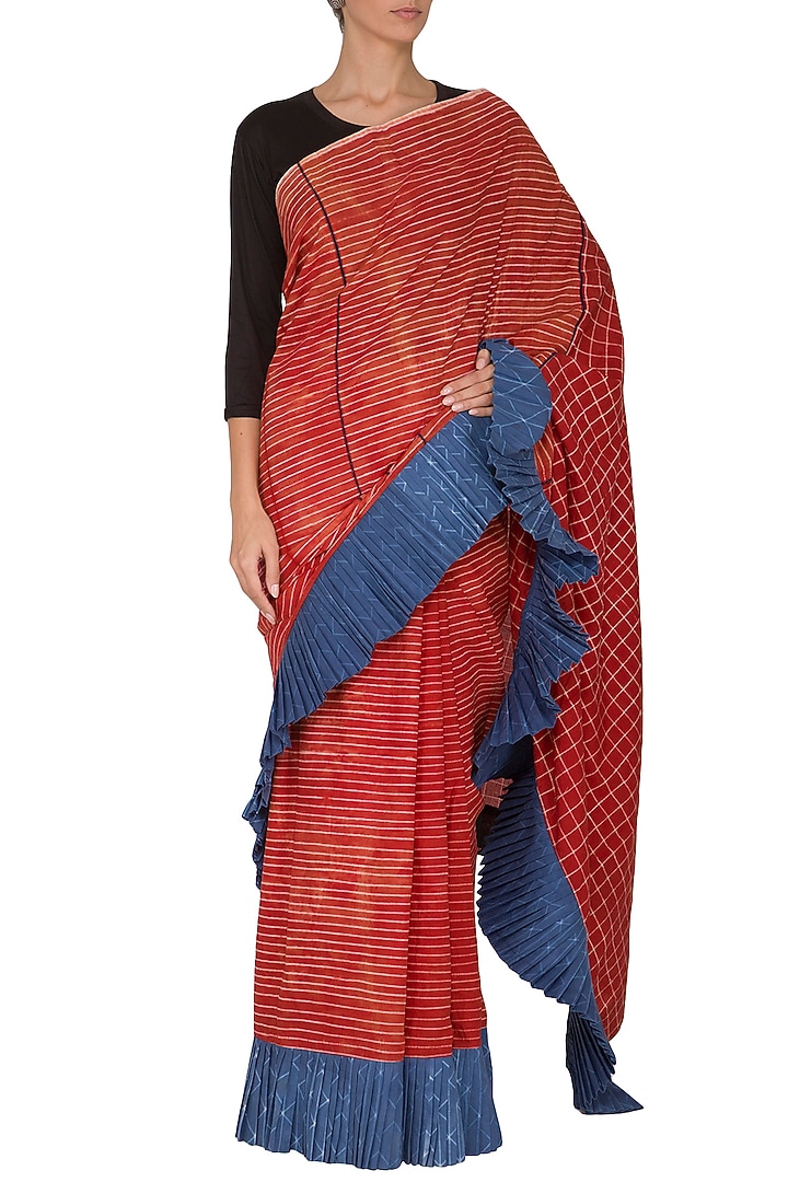 Red Stitch Dye Frill Party Wear Saree by Ka-Sha at Pernia's Pop Up Shop