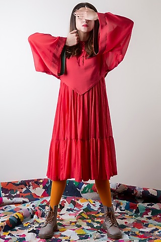 Tomato Red Double Layered Dress by Ka-Sha