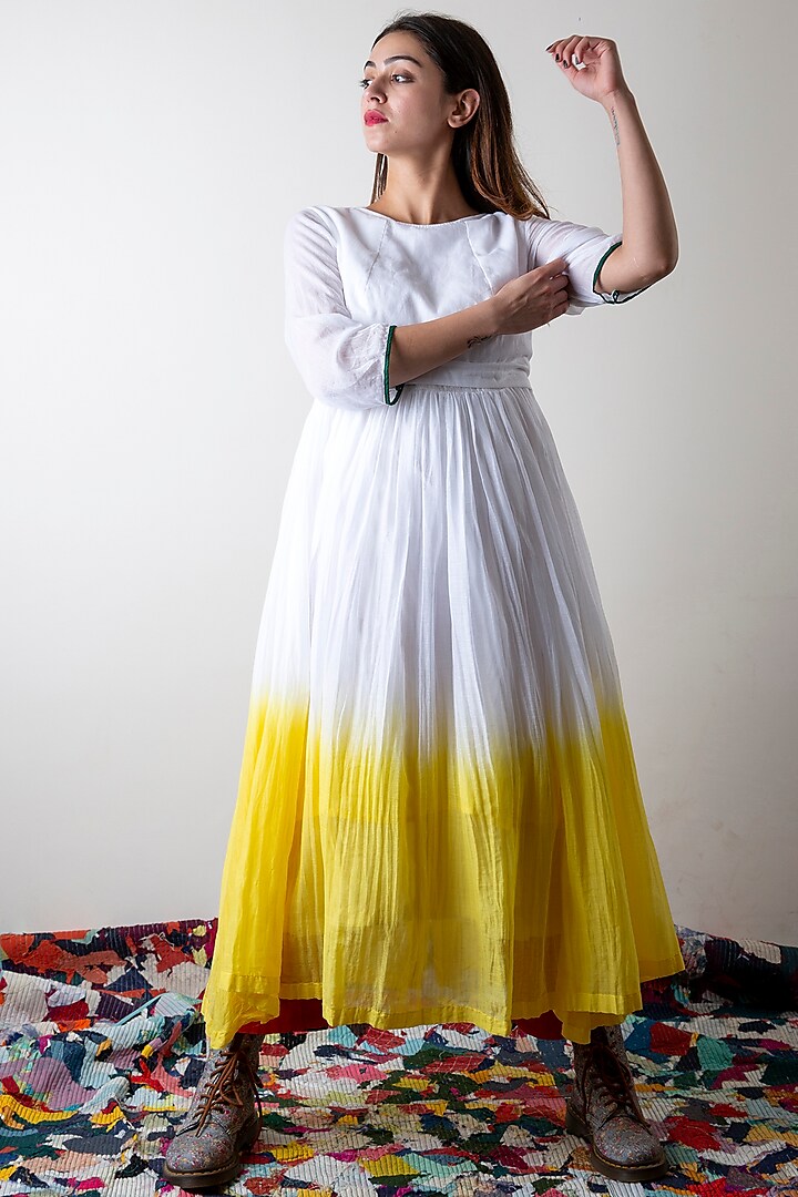 Lily White & Sunflower Yellow Dip-Dyed Dress by Ka-Sha