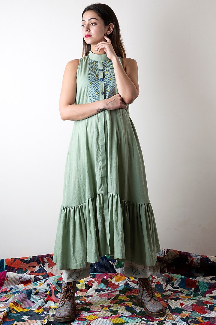 Sage Green Embroidered Tiered Dress by Ka-Sha