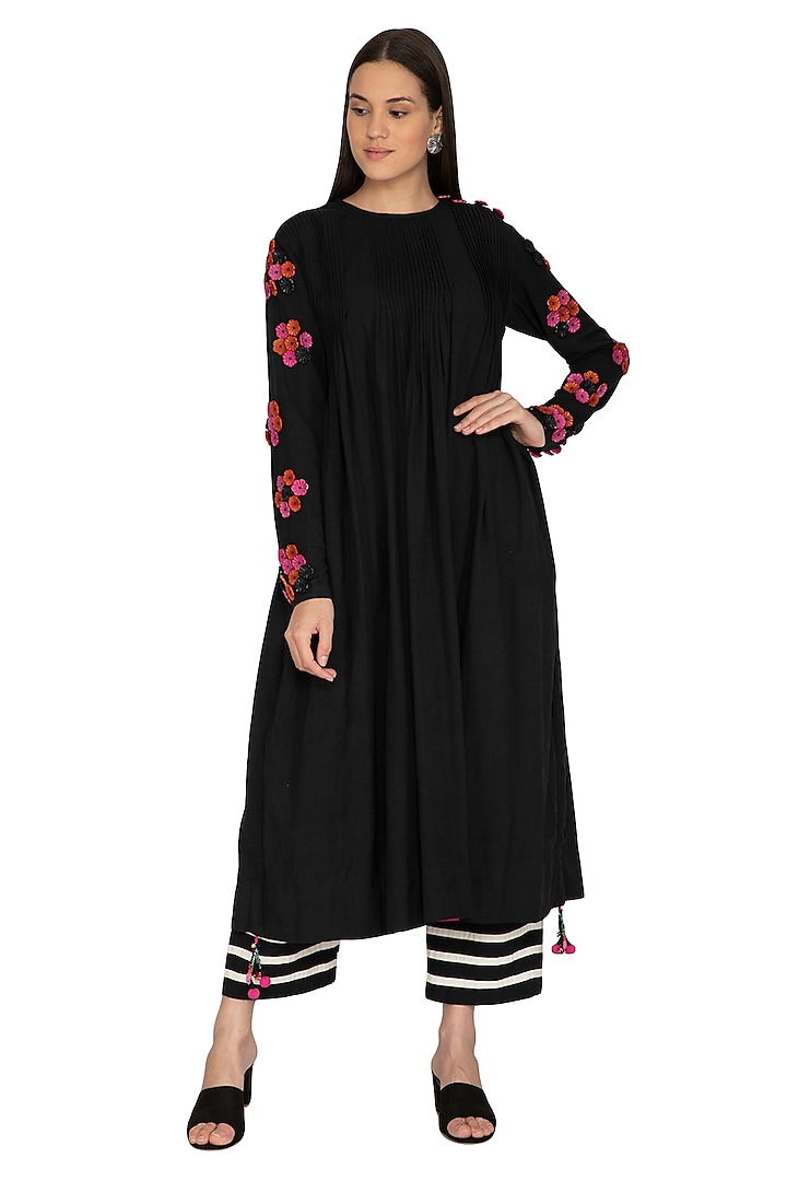 Black Embroidered Pleated Dress by Ka-Sha