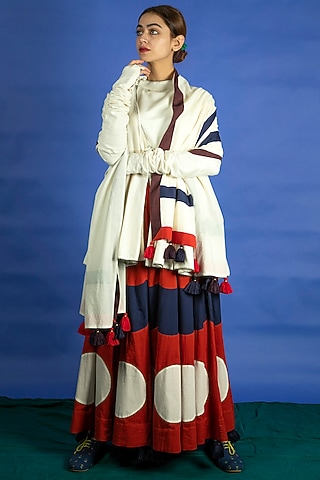 Navy Blue Panelled Appliques Skirt Set by Ka-Sha