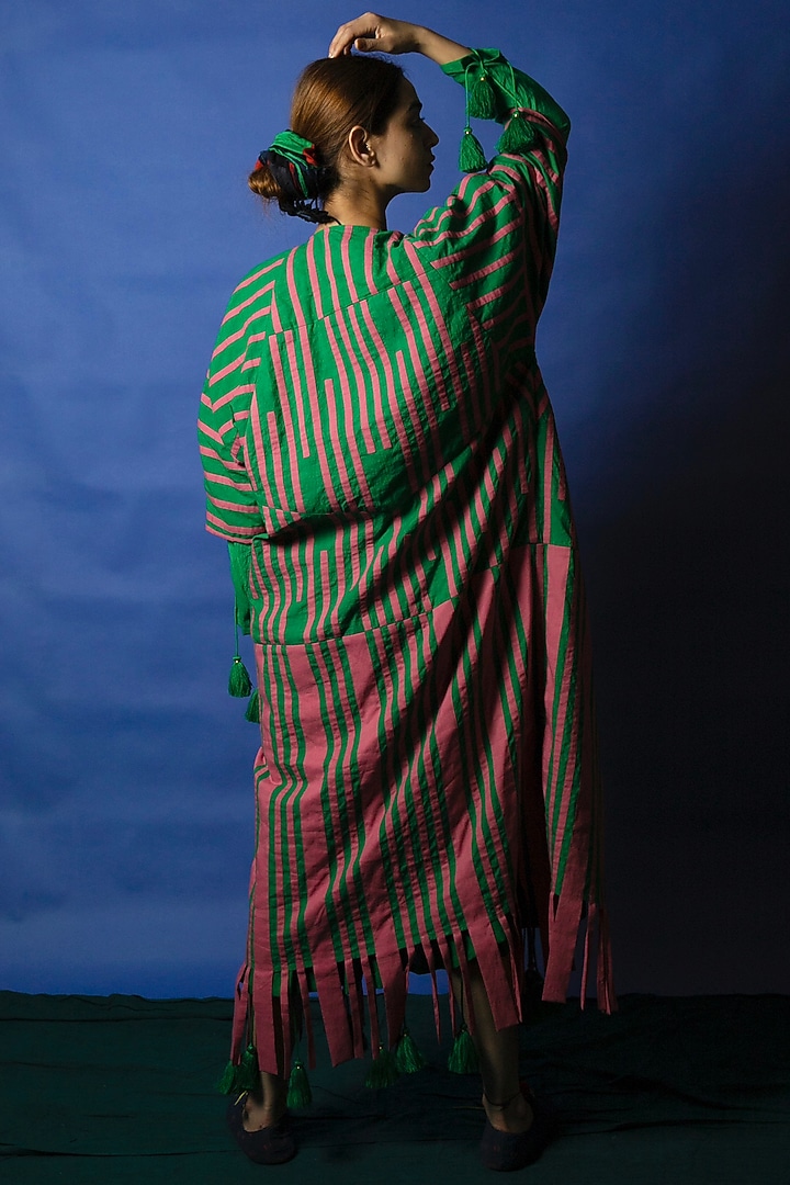 Green Applique Work Striped Jacket by Ka-Sha at Pernia's Pop Up Shop