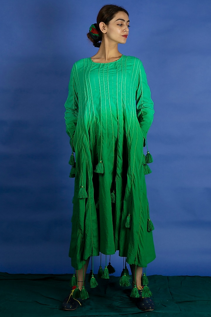 Green Tassled Dress With Scarf by Ka-Sha