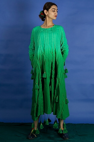 Green Tassled Dress With Scarf by Ka-Sha