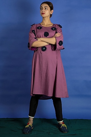 Mauve Embroidered Dress With Pants by Ka-Sha
