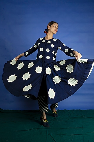 Navy Blue Appliques Jacket Dress With Pants by Ka-Sha