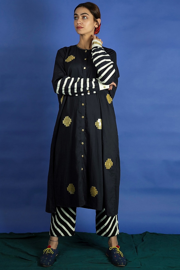 Black Embroidered Tunic With Applique Work Pants by Ka-Sha at Pernia's Pop Up Shop