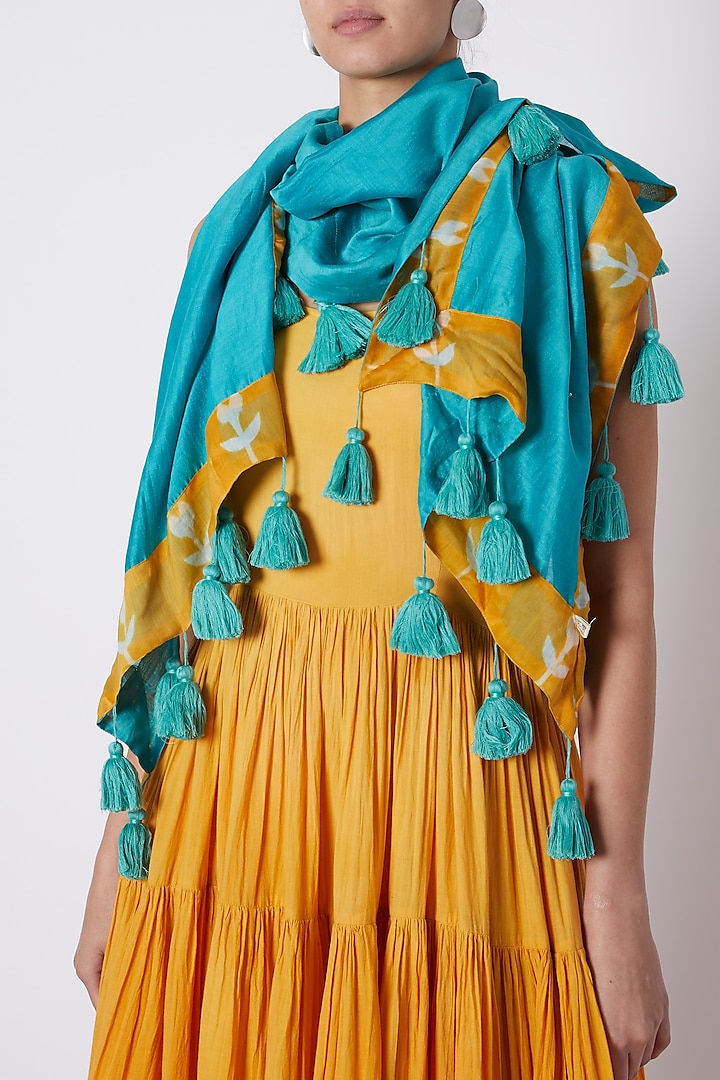 Turquoise Scarf With Tassels by Ka-Sha