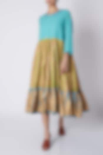 Sky Blue & Gold Tiered Midi Dress by Ka-Sha