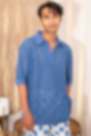 Blue Cotton Crochet Party Wear Shirt by Kalakaari By Sagarika Men at Pernia's Pop Up Shop