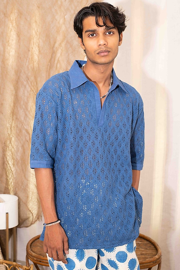 Blue Cotton Crochet Party Wear Shirt by Kalakaari By Sagarika Men at Pernia's Pop Up Shop