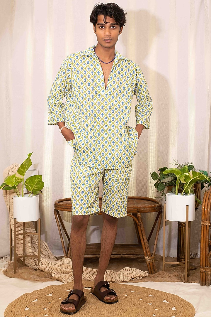Ivory Cotton Block Printed Shorts by Kalakaari By Sagarika Men at Pernia's Pop Up Shop