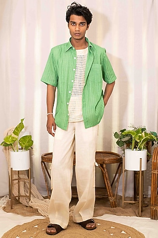 Green & Off-White Cotton Co-Ord Set by Kalakaari By Sagarika Men