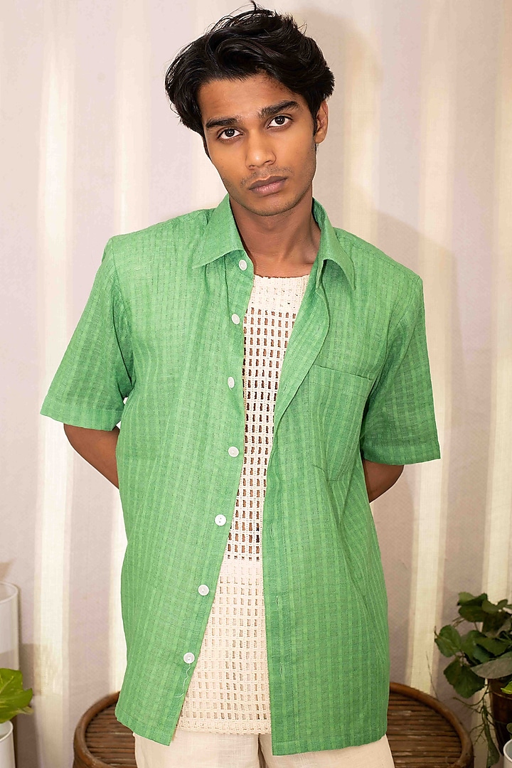 Green Cotton Textured Shirt by Kalakaari By Sagarika Men