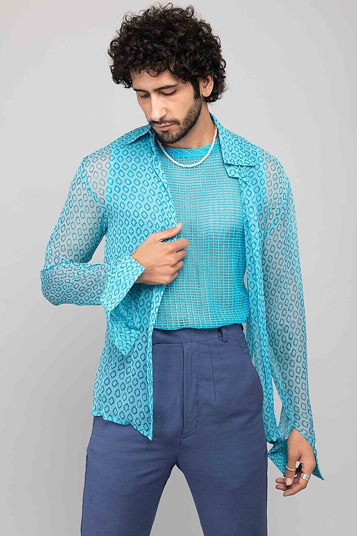 Turquoise Chiffon Printed Co-Ord Set by Kalakaari By Sagarika Men at Pernia's Pop Up Shop