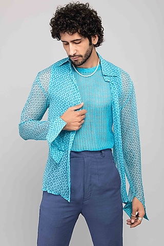 Turquoise Chiffon Block Printed Shirt by Kalakaari By Sagarika Men