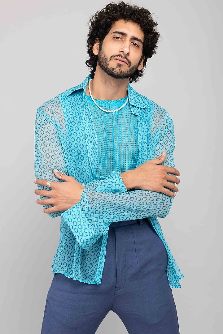 Turquoise Chiffon Block Printed Summer Shirt by Kalakaari By Sagarika Men at Pernia's Pop Up Shop