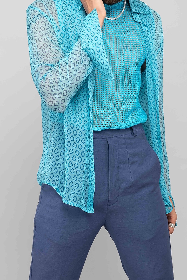 Turquoise Chiffon Block Printed Summer Shirt by Kalakaari By Sagarika Men at Pernia's Pop Up Shop
