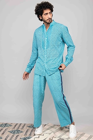 Turquoise Cotton Block Printed Co-Ord Set by Kalakaari By Sagarika Men