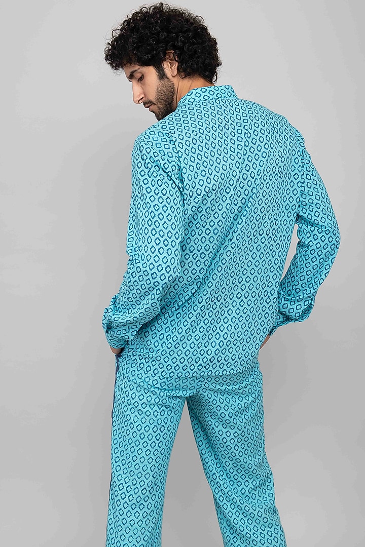Turquoise Cotton Block Printed Co-Ord Set by Kalakaari By Sagarika Men at Pernia's Pop Up Shop