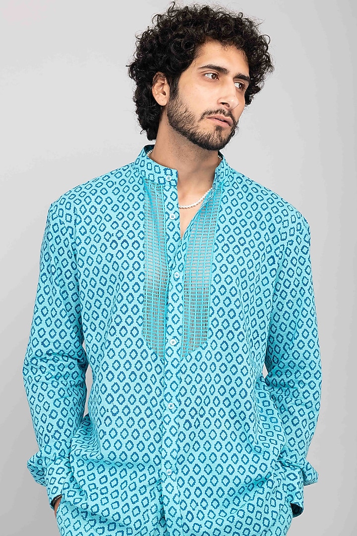 Turquoise Cotton Block Printed Co-Ord Set by Kalakaari By Sagarika Men at Pernia's Pop Up Shop