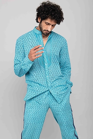 Turquoise Cotton Block Printed Shirt by Kalakaari By Sagarika Men