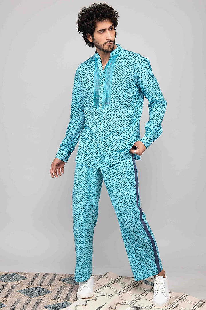 Turquoise Cotton Block Printed Trousers by Kalakaari By Sagarika Men at Pernia's Pop Up Shop