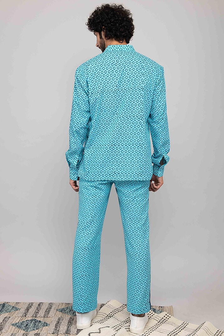 Turquoise Cotton Block Printed Trousers by Kalakaari By Sagarika Men at Pernia's Pop Up Shop