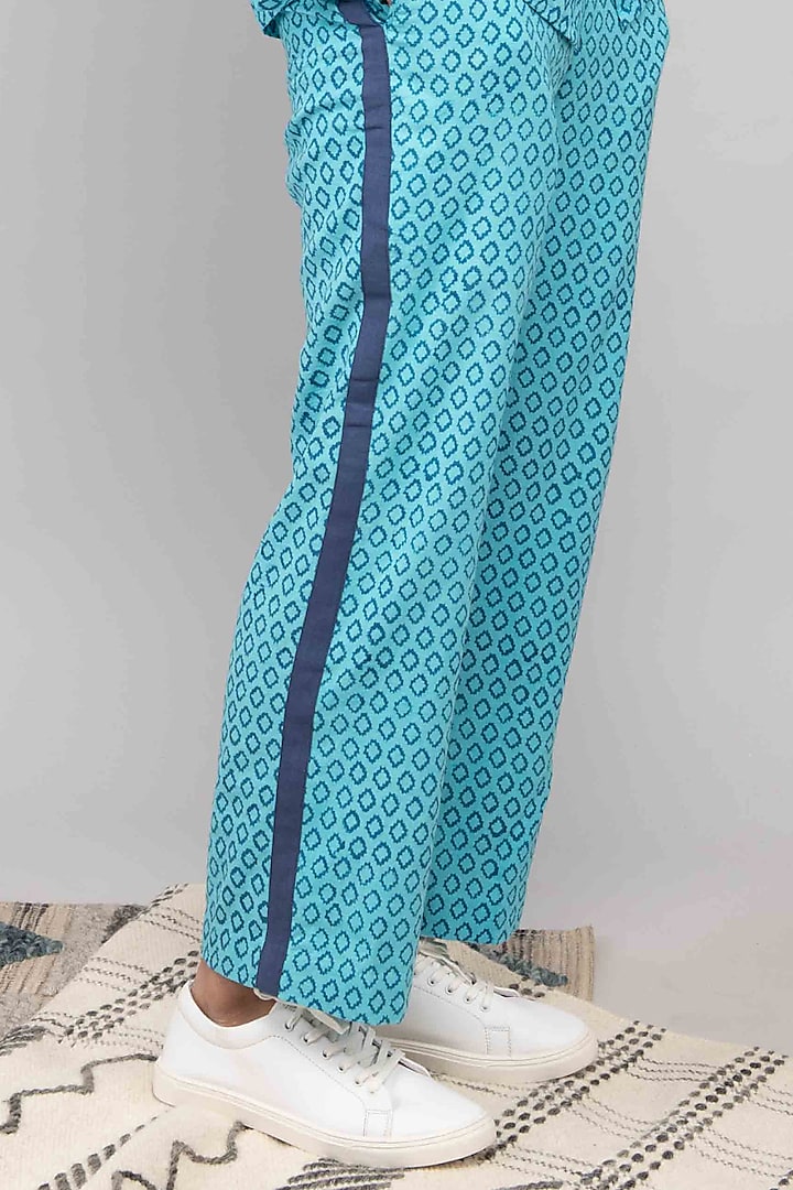 Turquoise Cotton Block Printed Trousers by Kalakaari By Sagarika Men