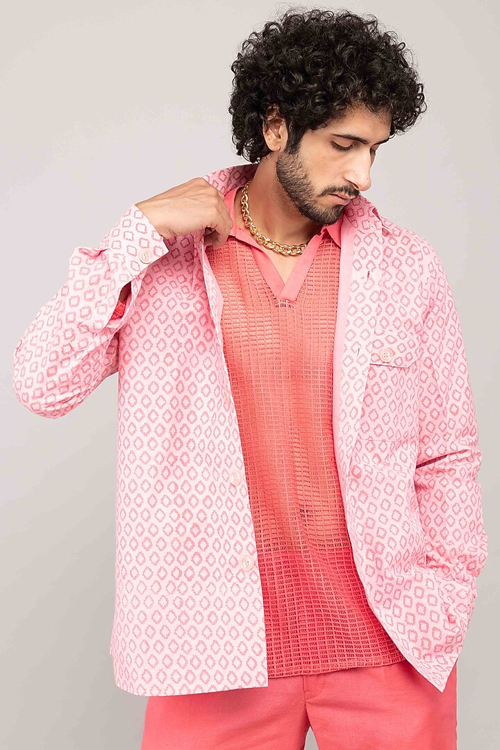 Baby Pink Cotton Block Printed Jacket Set by Kalakaari By Sagarika Men at Pernia's Pop Up Shop