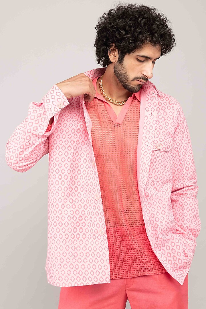Baby Pink Cotton Block Printed Jacket by Kalakaari By Sagarika Men