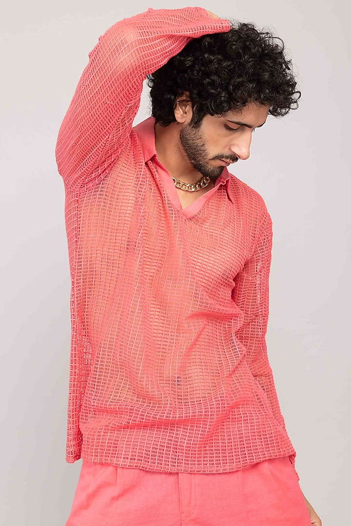 Watermelon Pink Mesh Lace Shirt by Kalakaari By Sagarika Men