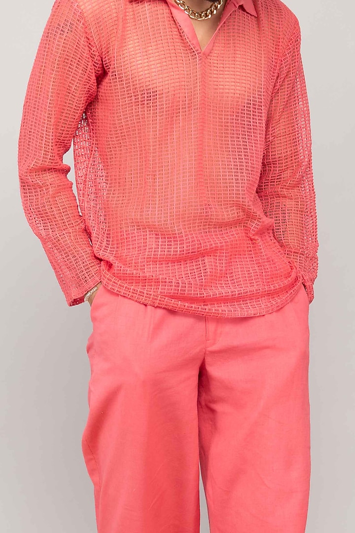 Watermelon Pink Mesh Lace Summer Shirt by Kalakaari By Sagarika Men at Pernia's Pop Up Shop