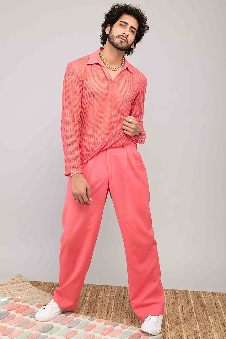 Watermelon Pink Mesh Lace Summer Shirt by Kalakaari By Sagarika Men at Pernia's Pop Up Shop