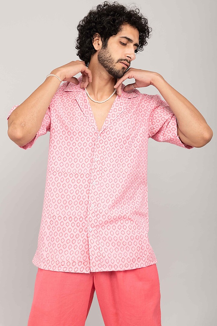 Baby Pink Cotton Block Printed Shirt by Kalakaari By Sagarika Men