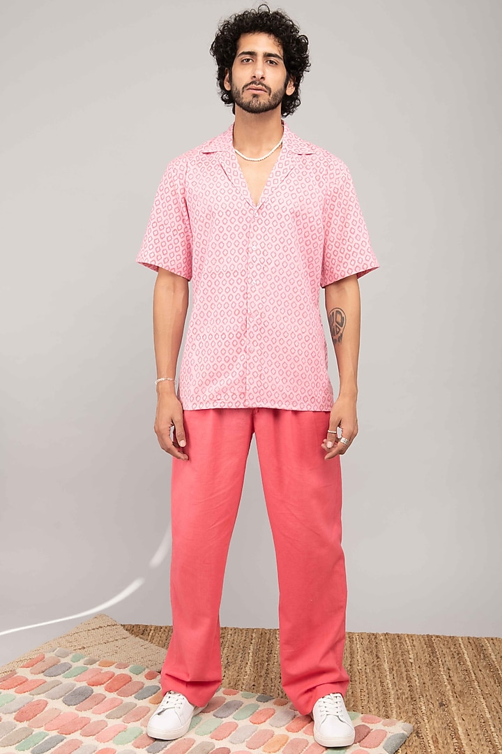 Baby Pink Cotton Block Printed Party Wear Shirt by Kalakaari By Sagarika Men at Pernia's Pop Up Shop