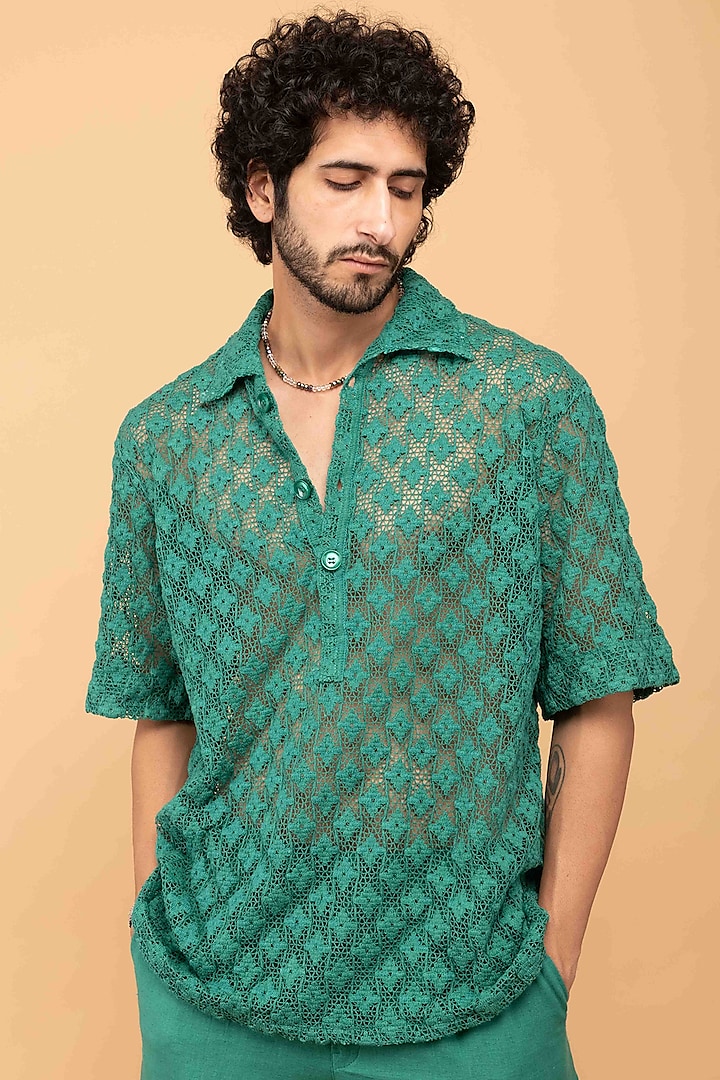 Green Cotton Crochet Shirt by Kalakaari By Sagarika Men