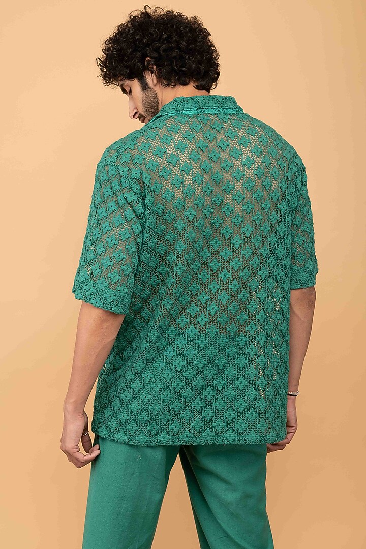 Green Cotton Crochet Party Wear Shirt by Kalakaari By Sagarika Men at Pernia's Pop Up Shop