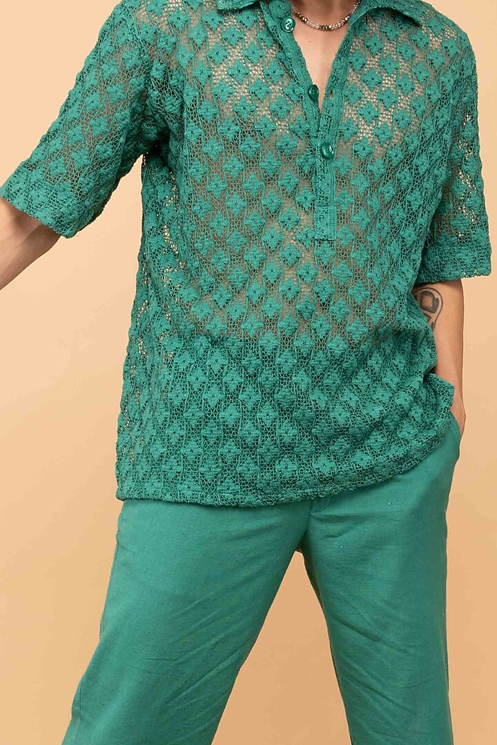 Green Cotton Crochet Party Wear Shirt by Kalakaari By Sagarika Men at Pernia's Pop Up Shop