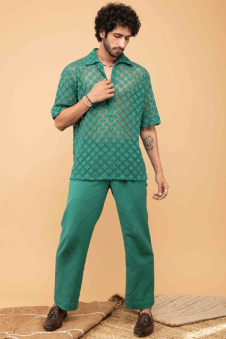 Green Cotton Crochet Party Wear Shirt by Kalakaari By Sagarika Men at Pernia's Pop Up Shop