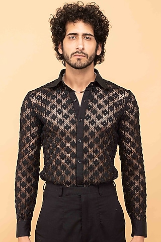 Black Cotton Crochet Shirt by Kalakaari By Sagarika Men