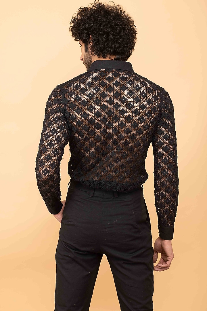 Black Cotton Crochet Party Wear Shirt by Kalakaari By Sagarika Men at Pernia's Pop Up Shop