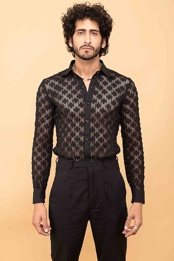 Black Cotton Crochet Party Wear Shirt by Kalakaari By Sagarika Men at Pernia's Pop Up Shop